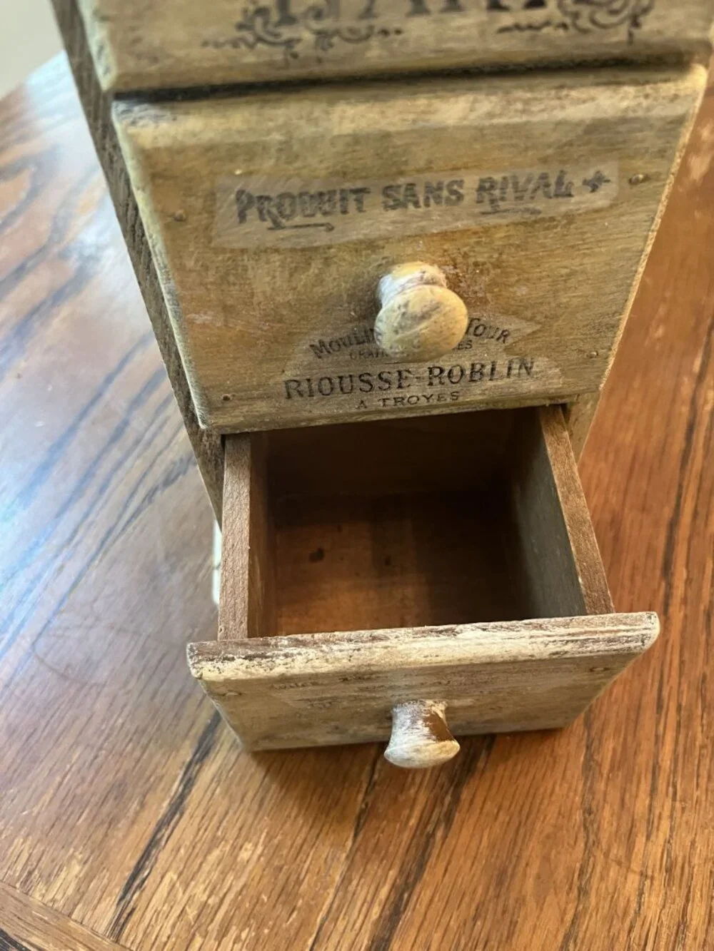 French Wooden Distressed 3-Drawer Storage Box With Parisian Script Design Rustic